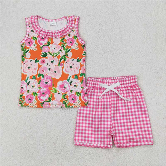4.1 GSSO2413 Flower and leaf orange sleeveless pink plaid shorts set