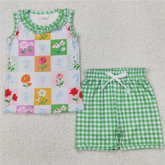 4.1 GSSO2415 Flower color plaid sleeveless green shorts set