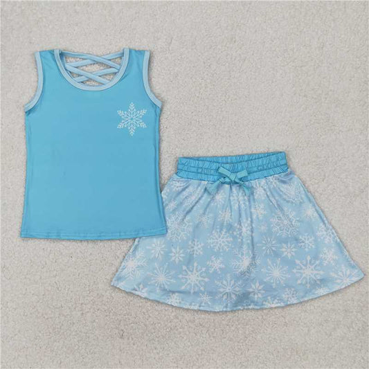 4.1 GSD2074 Snowflake solid blue vest skirt set
