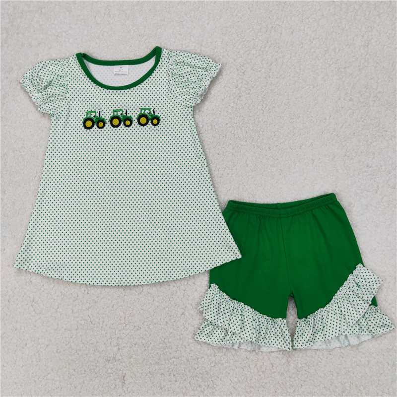 4.7 GSSO2268 Embroidered Farm Tractor Polka Dot Short Sleeve Green Shorts Set