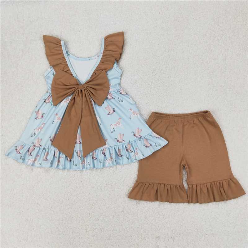 4.1 GSSO2385 Duck puppy brown lace bow blue sleeveless shorts set