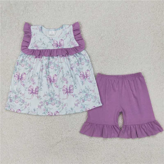4.1 GSSO2315 Blue sleeveless shorts set with purple bow pattern lace