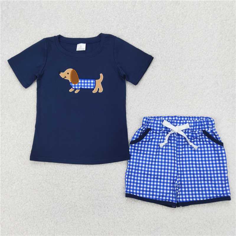 4.2  BSSO1227 Embroidered puppy navy blue short-sleeved plaid shorts suit