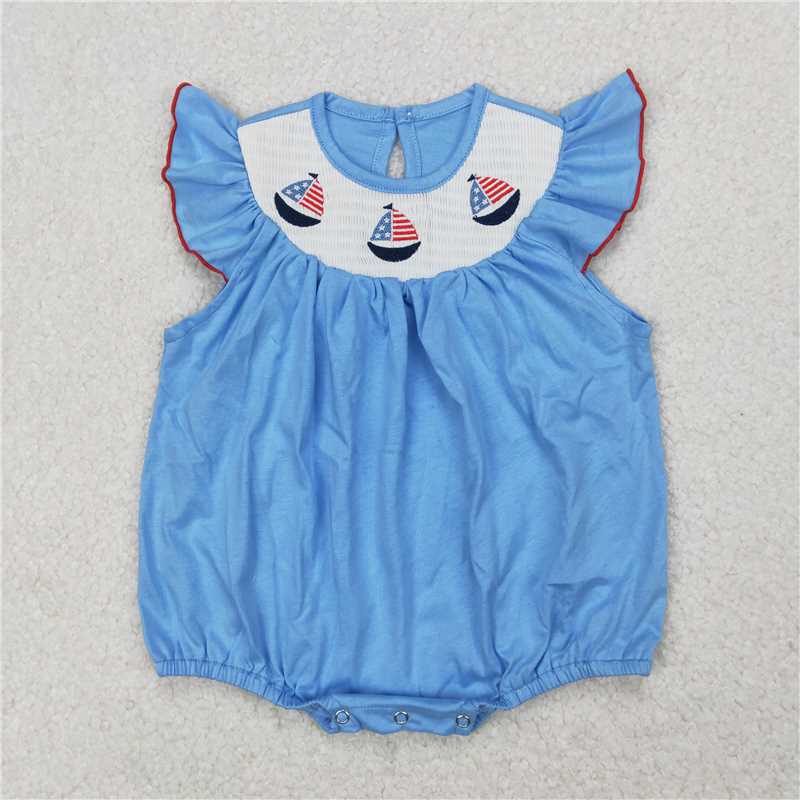 4.1 SR2573 smocked Girls National Day Embroidered Sailboat Blue Vest Bodysuit