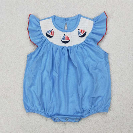 4.1 SR2573 smocked Girls National Day Embroidered Sailboat Blue Vest Bodysuit