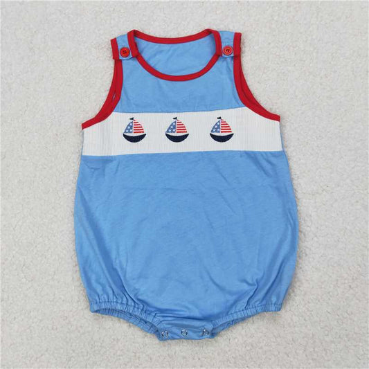5.10 SR2574 smocked Boys National Day Embroidered Sailboat Blue Vest Bodysuit