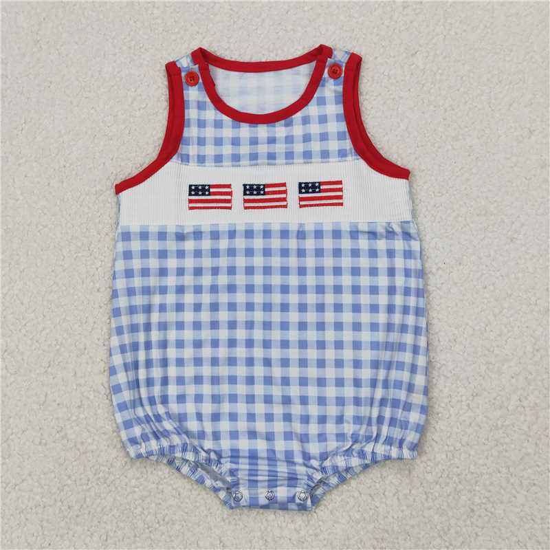 5.10  SR2572 smocked Boys National Day Embroidered Flag Blue Plaid Vest Jumpsuit