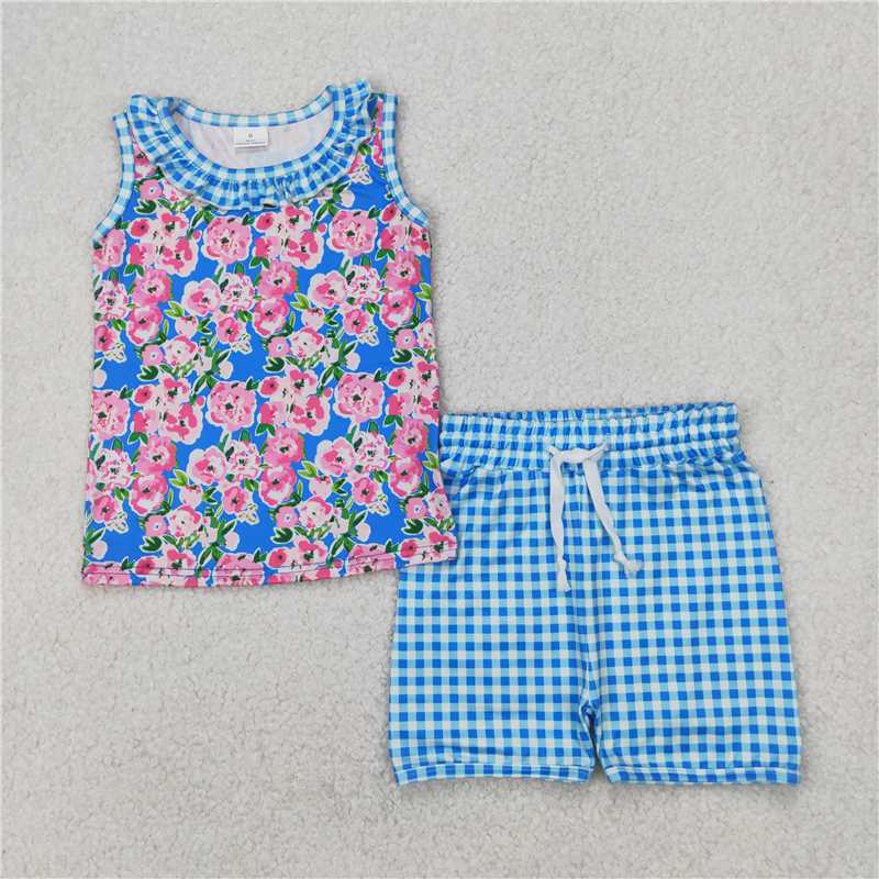 4.1  GSSO2414 Flower and leaf blue sleeveless plaid shorts set