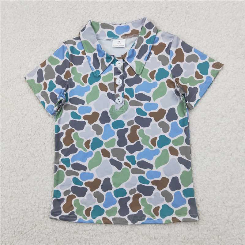 4.7  BT1214 Beige short-sleeved top with teal camouflage collar and buttons