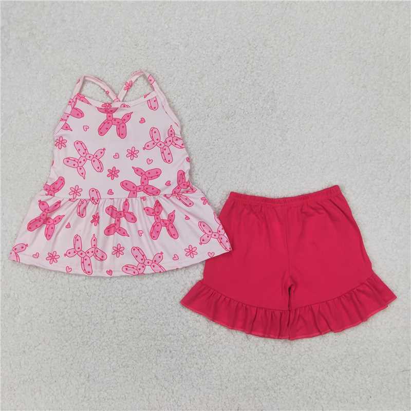 4.2 GSSO2439 Balloon Puppy Heart Sleeveless Rose Red Shorts Set