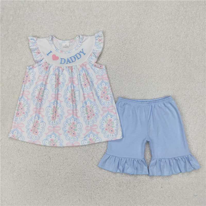 4.7  GSSO2407 Embroidered i love daddy flower pink bow pattern flying sleeve blue shorts suit