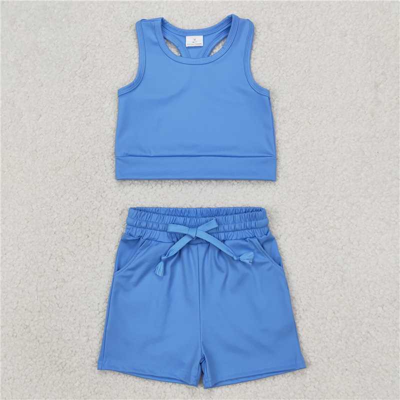 4.1 GSSO2132 Solid sky blue sleeveless shorts yoga set
