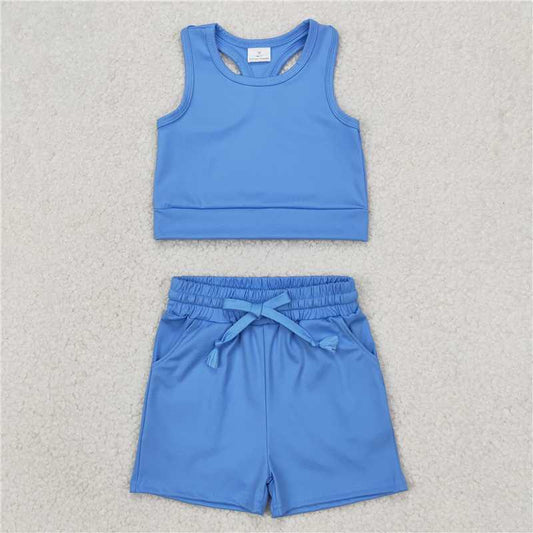 4.1 GSSO2132 Solid sky blue sleeveless shorts yoga set