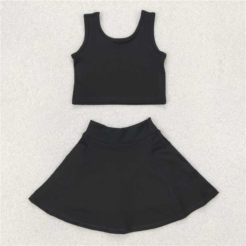 4.1 GSD1982 Solid black sleeveless skirt yoga set