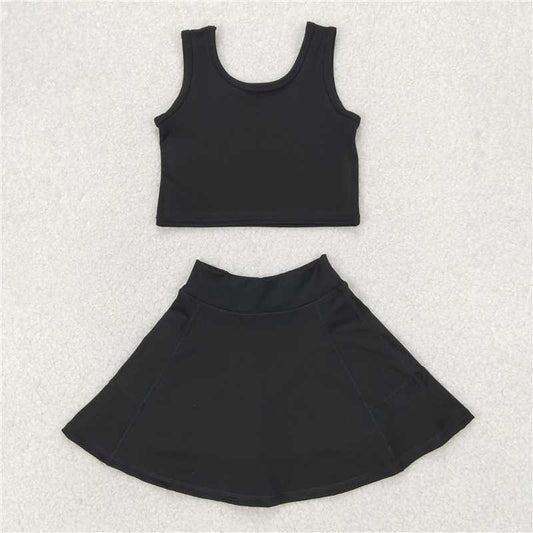 4.1 GSD1982 Solid black sleeveless skirt yoga set