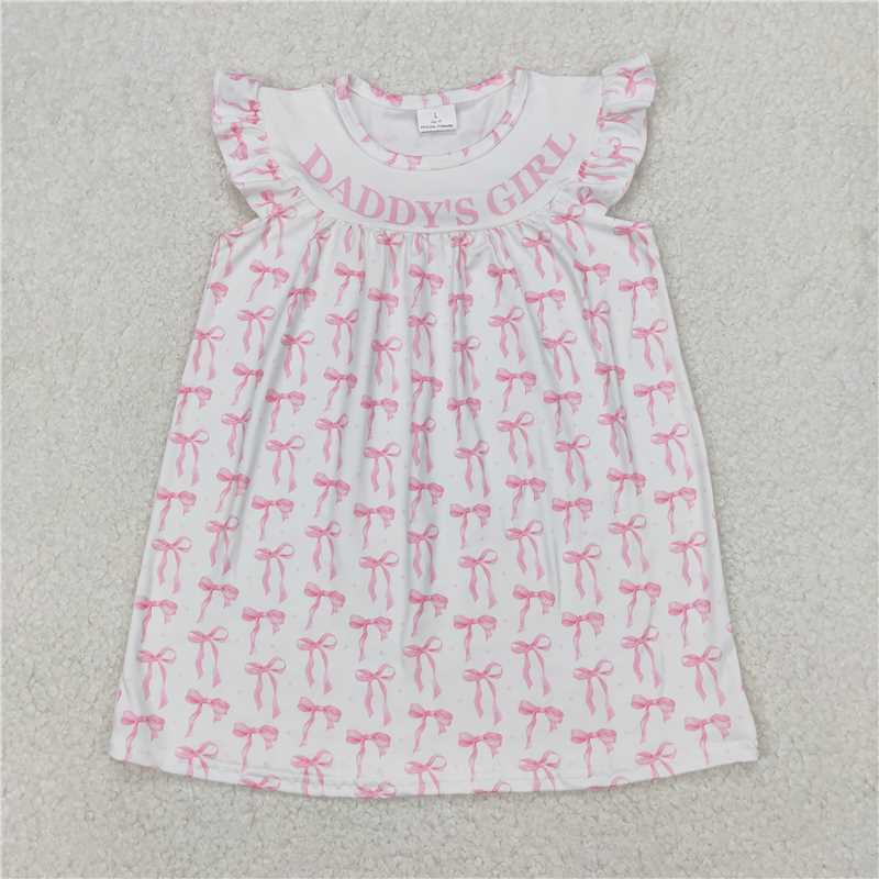 4.1GSD2054 Daddy's girl pink bow pattern white flying sleeve dress