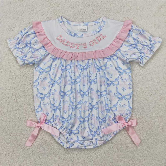 4.1 SR2944 Embroidered daddy's girl flower blue bow pattern white short-sleeved jumpsuit