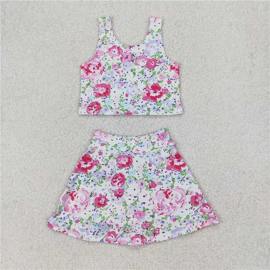 4.7 GSD1989 Pink and purple flower and leaf sleeveless pants skirt yoga set