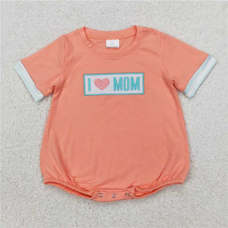 5.10  SR2949 Embroidered i love mom green striped orange short-sleeved jumpsuit