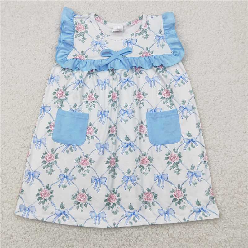 4.21  GSD2230 White sleeveless dress with flower, leaf, blue bow pattern and pockets