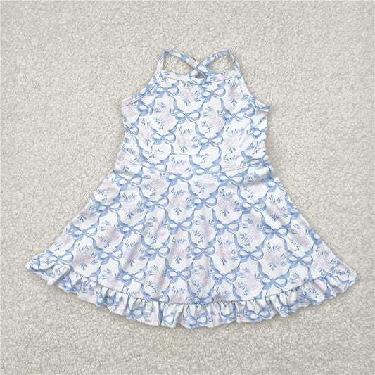 4.21  GSD2290 Pink flower and blue bow pattern yoga sleeveless dress