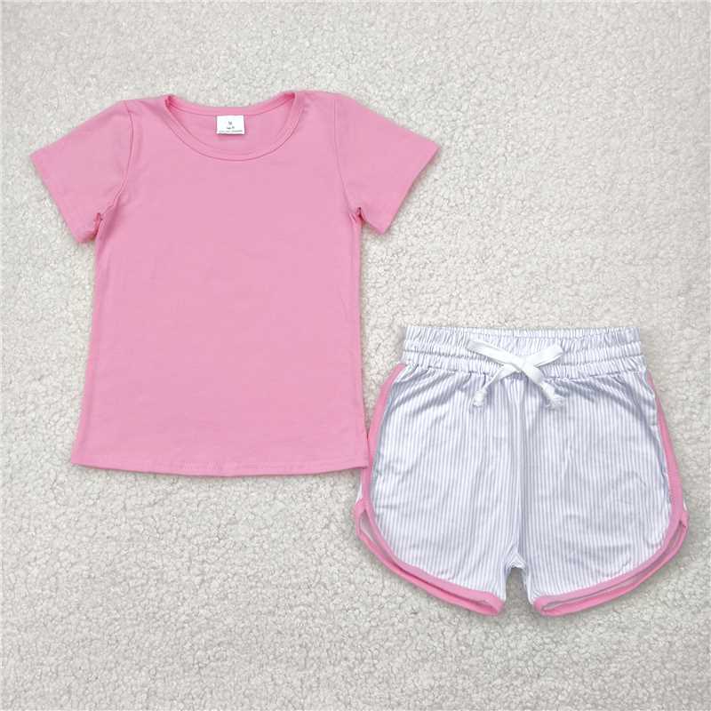 4.28  GSSO2543 Pure pink short-sleeved purple striped shorts set