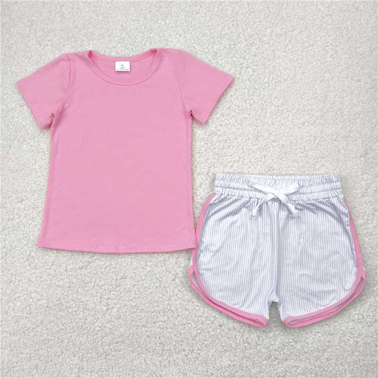 4.28  GSSO2543 Pure pink short-sleeved purple striped shorts set