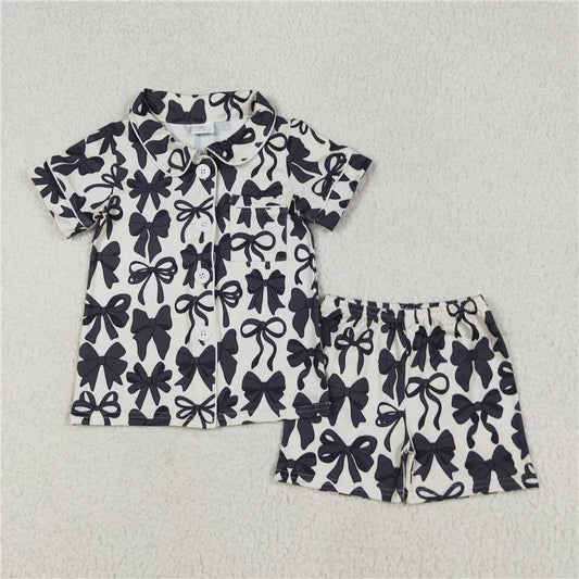 6.23 GSSO2663 Black bow pattern white short-sleeved shorts pajama set