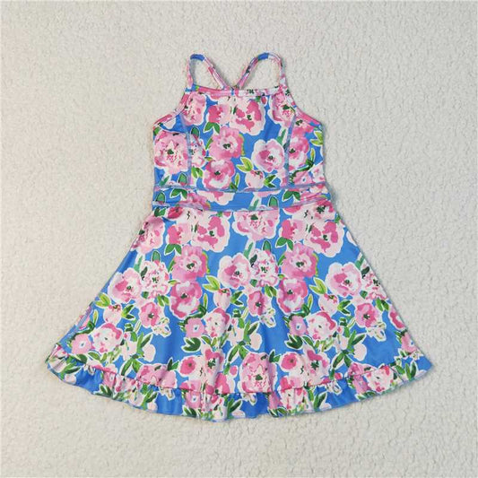 7.8  GSD2284 Pink flower blue yoga sleeveless dress