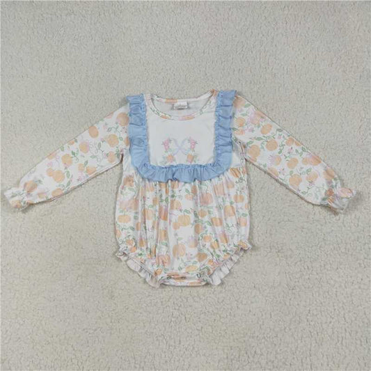 7.8 LR2256 Pumpkin leaf blue bow pattern lace white long-sleeved jumpsuit