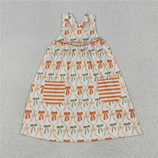 7.8 GSD2676 Orange green bow pattern striped pocket sleeveless dress