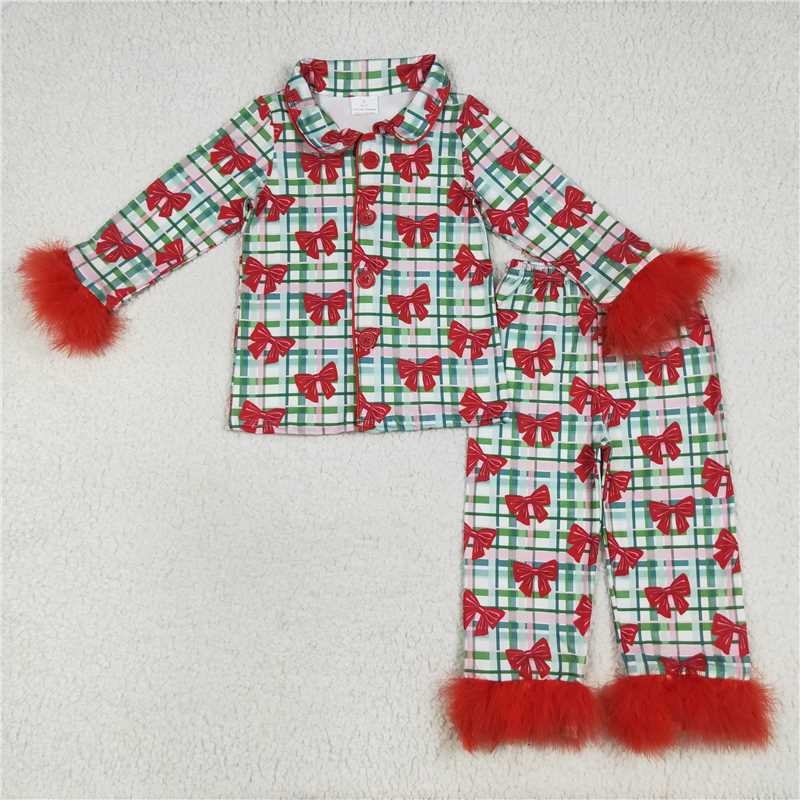 7.24 GLP2372 Christmas bow pattern pink green plaid red plush edge long sleeves and long pants pajamas set