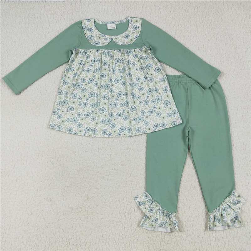 7.8  GLP2407 Flower doll collar blue-green long-sleeved trousers suit