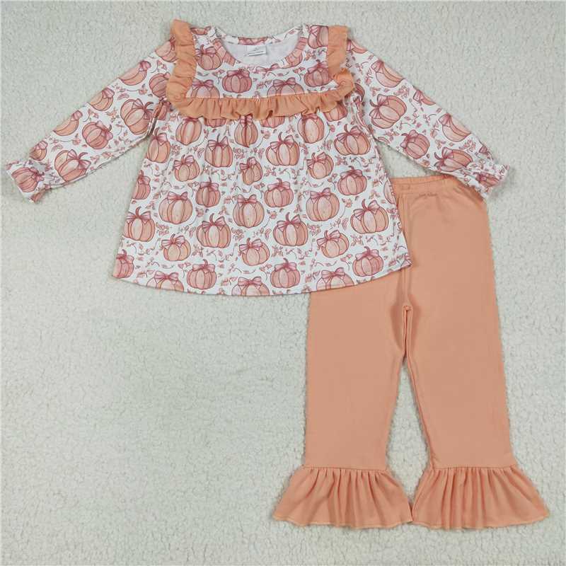7.24  GLP2452 Bow-knot pumpkin orange lace beige long-sleeved trousers suit