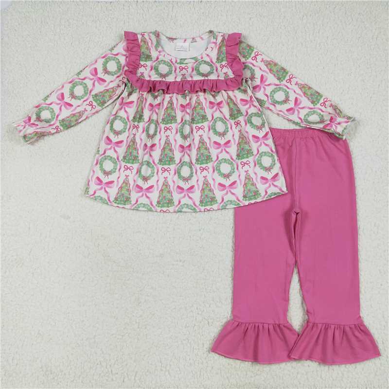 7.24  GLP2339 Christmas tree rose red bow pattern lace long sleeve trousers suit