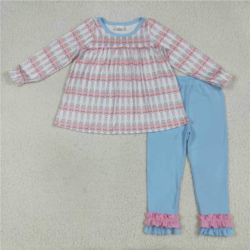 7.8 GLP2456 Cartoon Nutcracker blue and white long-sleeved trousers suit