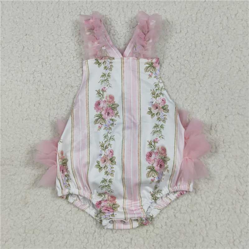 7.8 SR2964 Flower and leaf pink striped tulle lace vest jumpsuit