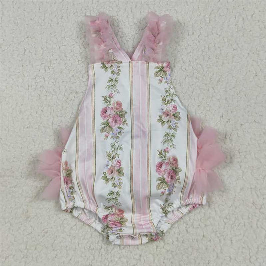 7.8 SR2964 Flower and leaf pink striped tulle lace vest jumpsuit