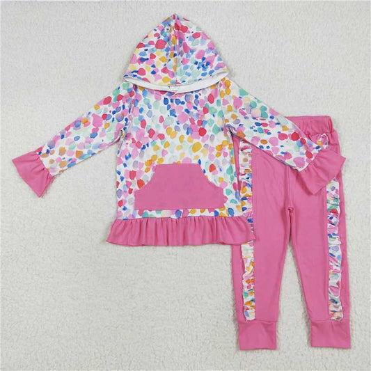 7.25 GLP2151 Colorful watercolor pattern rose red lace pocket hooded long sleeve trousers set