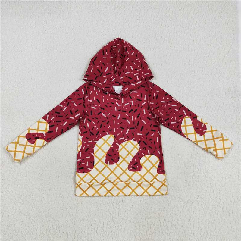 7.25  BT1273 Waffle Ice Cream Dark Red Hooded Long Sleeve Top