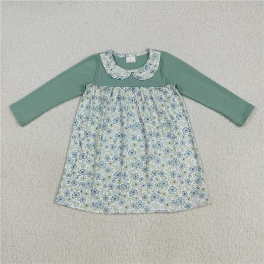 7.24 GLD1087 Flower doll collar blue-green long-sleeved dress