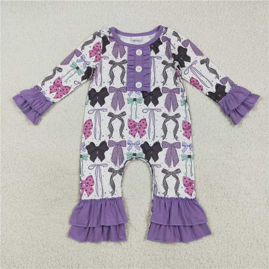 7.24  LR2355 Halloween bow pattern button purple lace long sleeve jumpsuit