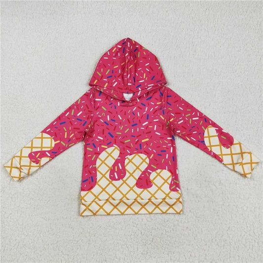 7.25 BT1271 Waffle Ice Cream Rose Red Hooded Long Sleeve Top