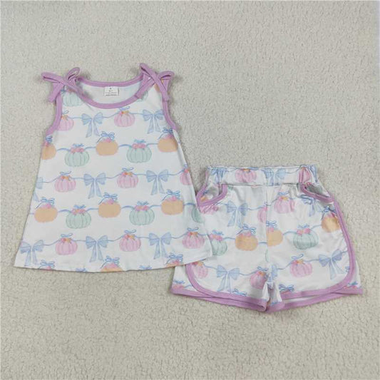 8.8  GSSO2668 Pink and white sleeveless shorts set with pumpkin bow pattern