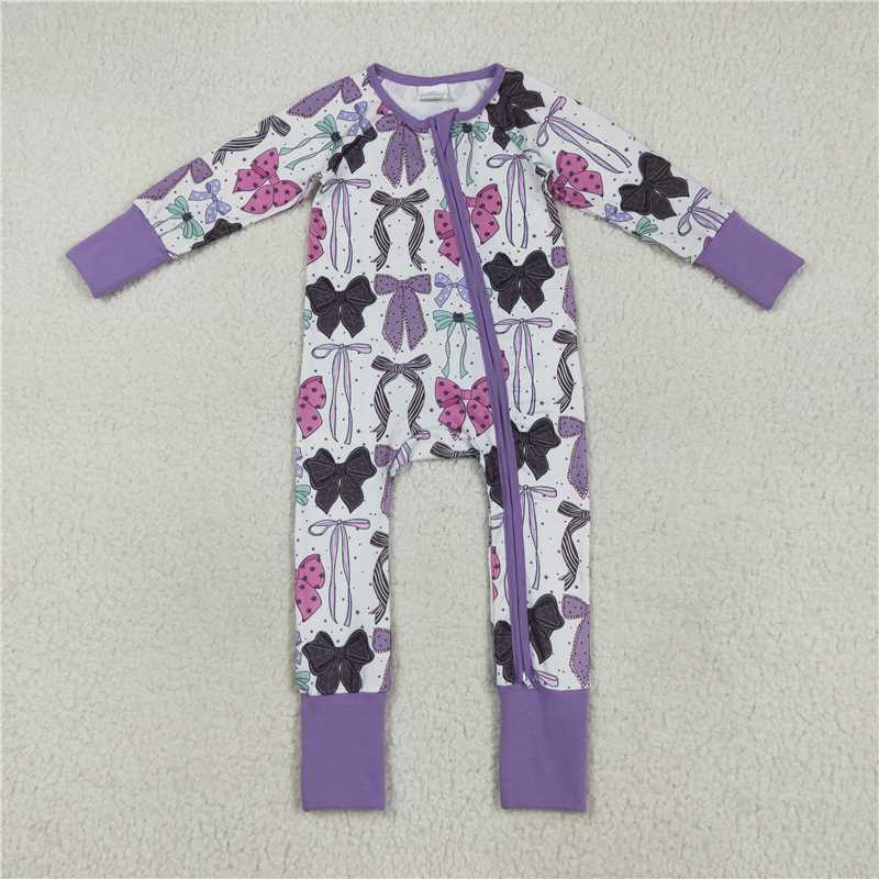 7.24LR2358 Purple long-sleeved zip-up bodysuit with Halloween bow pattern