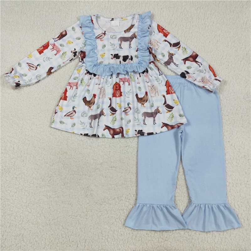 8.7 GLP2536 Farm Animal Red House Blue Lace Plaid Long Sleeve Pants Set