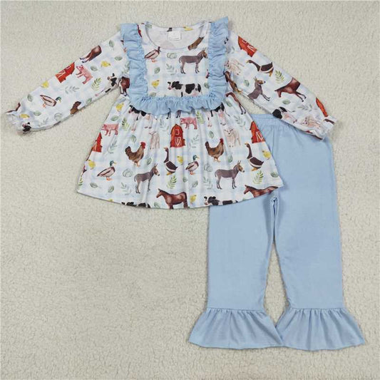 8.7 GLP2536 Farm Animal Red House Blue Lace Plaid Long Sleeve Pants Set