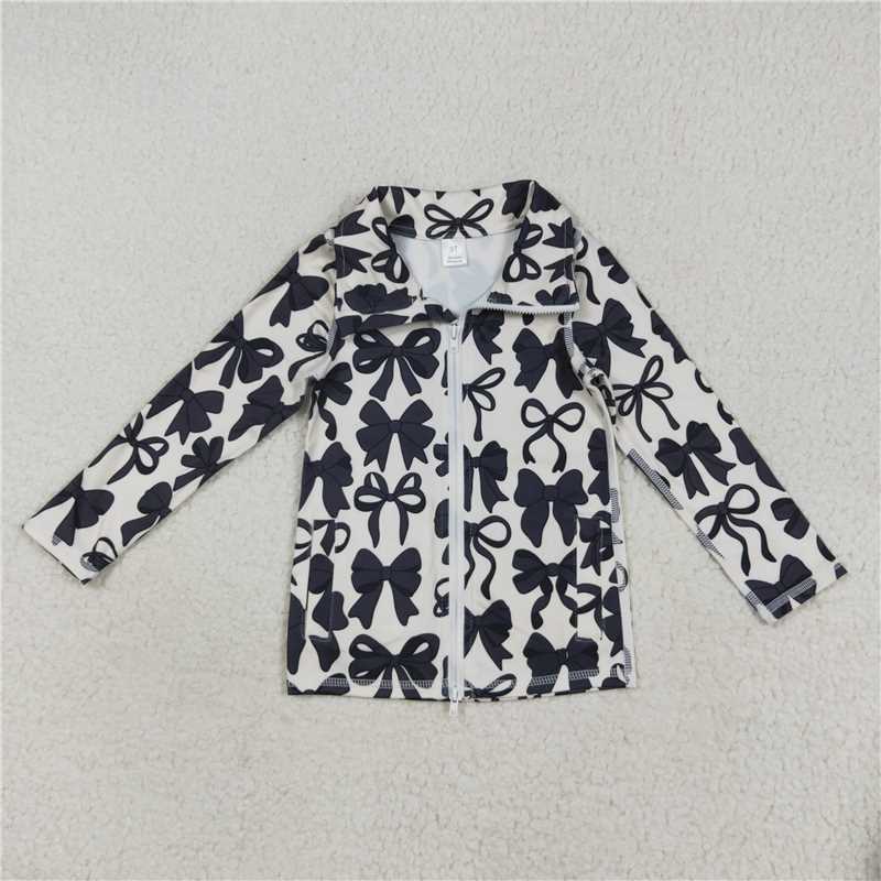 8.7 GT1084 Beige long-sleeved yoga zip-up top with black bow pattern