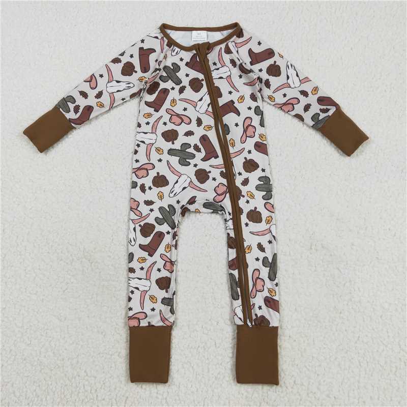 8.8  LR2334 Cactus Alpine Bull Head Cowboy Hat and Boots, Beige Zippered Long-Sleeved Bodysuit