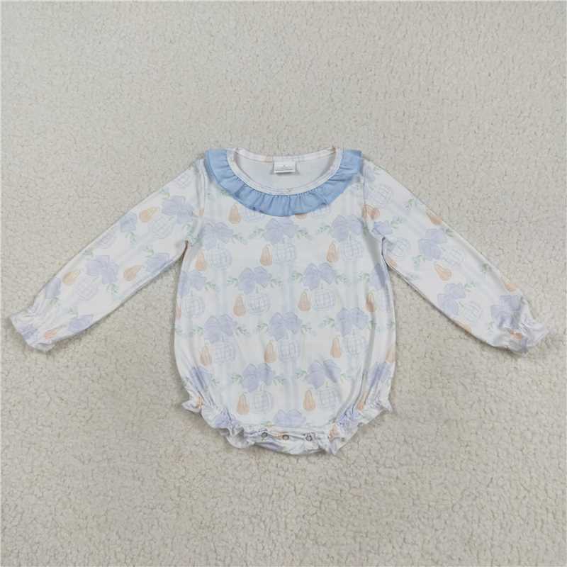 X8.16 LR2312 White long-sleeved bodysuit with pumpkin bow pattern and blue lace